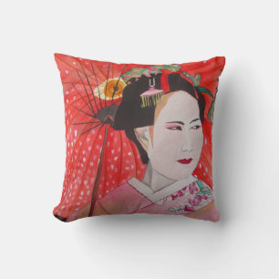Japanische Geisha mit rotem Schirm Kissen