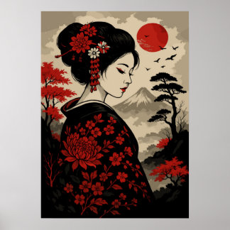 Japanische Geisha mit roten Blume und dem Fuji Poster