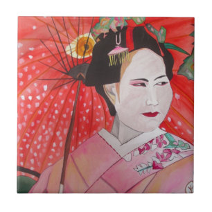 Japanische Geisha mit roter Schirmherrschaft Fliese