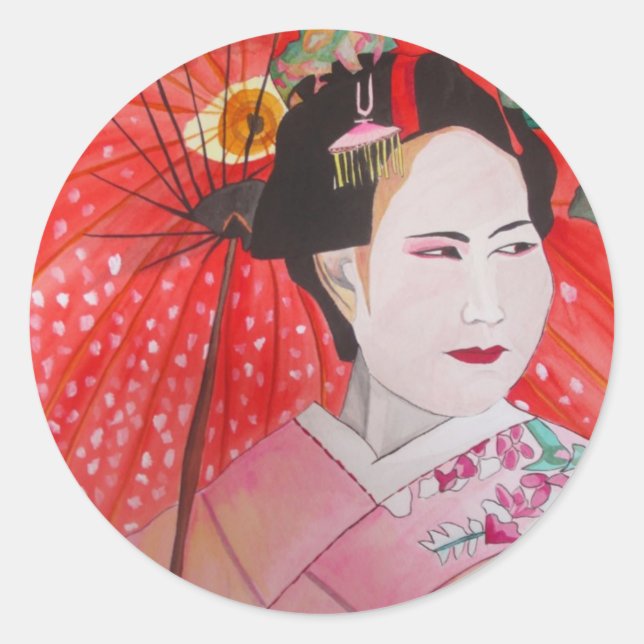 Japanische Geisha mit roter Schirmherrschaft Runder Aufkleber (Vorderseite)