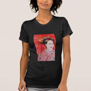 Japanische Geisha mit roter Schirmherrschaft T-Shirt