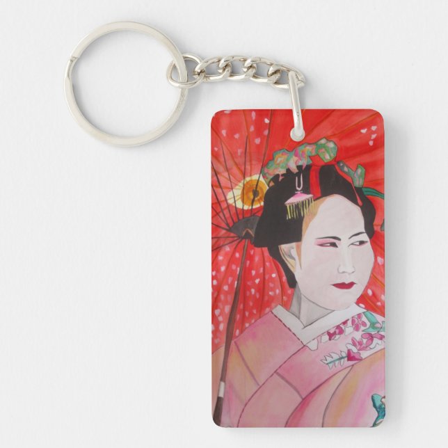 Japanische Geisha mit roter Schirmkunst Schlüsselanhänger (Vorderseite)