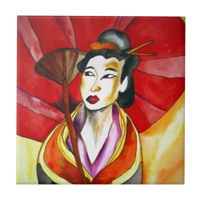 Japanische Geisha-Originalkunst Aquarellmalerei Fliese (Vorderseite)