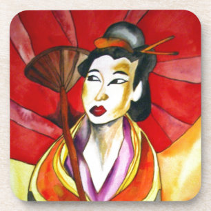 Japanische Geisha-Originalkunst Aquarellmalerei Getränkeuntersetzer