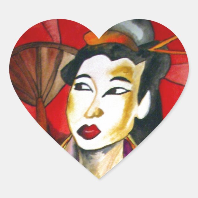 Japanische Geisha-Originalkunst Aquarellmalerei Herz-Aufkleber (Vorderseite)