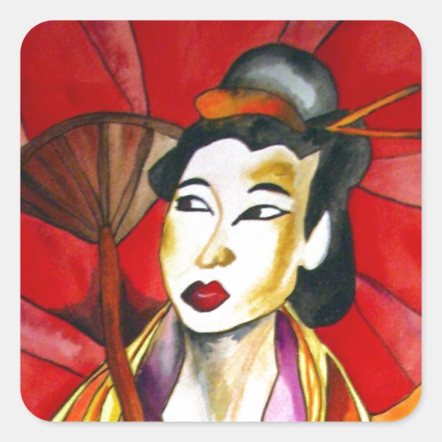 Japanische Geisha-Originalkunst Aquarellmalerei Quadratischer Aufkleber (Vorderseite)