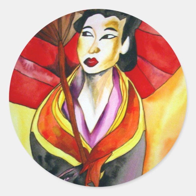 Japanische Geisha-Originalkunst Aquarellmalerei Runder Aufkleber (Vorderseite)