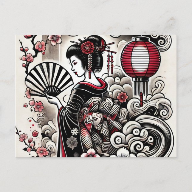 Japanische Geisha Postcard - Elegante Kunst Postkarte (Vorderseite)