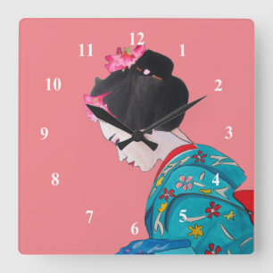 Japanische Geisha rosa Blüte niedliche Kunst Quadratische Wanduhr
