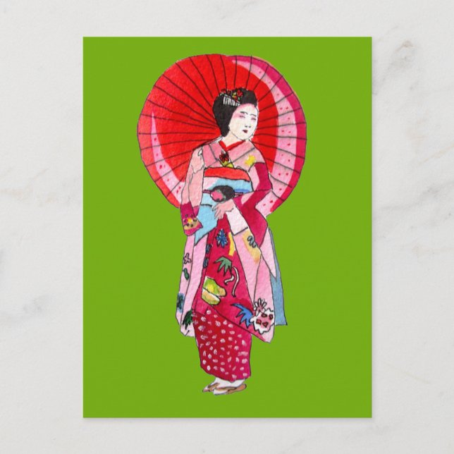 Japanische Geisha-Rote Kimono-niedliche Kunst Postkarte (Vorderseite)