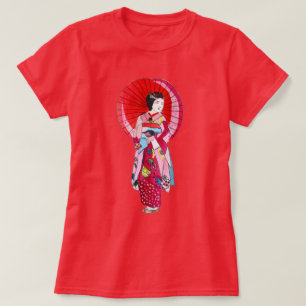 Japanische Geisha-Rote Kimono-niedliche Kunst T-Shirt