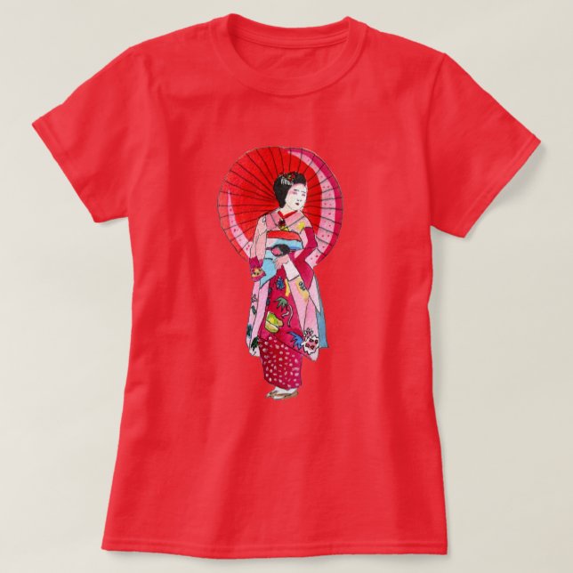 Japanische Geisha-Rote Kimono-niedliche Kunst T-Shirt (Design vorne)