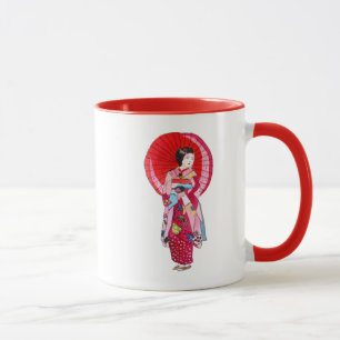 Japanische Geisha-Rote Kimono-niedliche Kunst Tasse