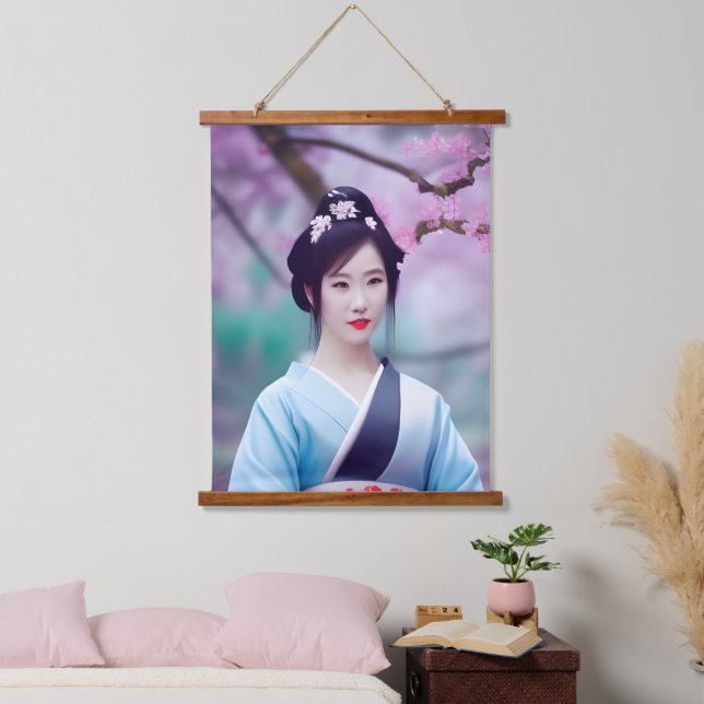 Japanische Geisha Tree AI kreiert Foto Style Wandteppich Mit Holzrahmen (Schlafzimmer)