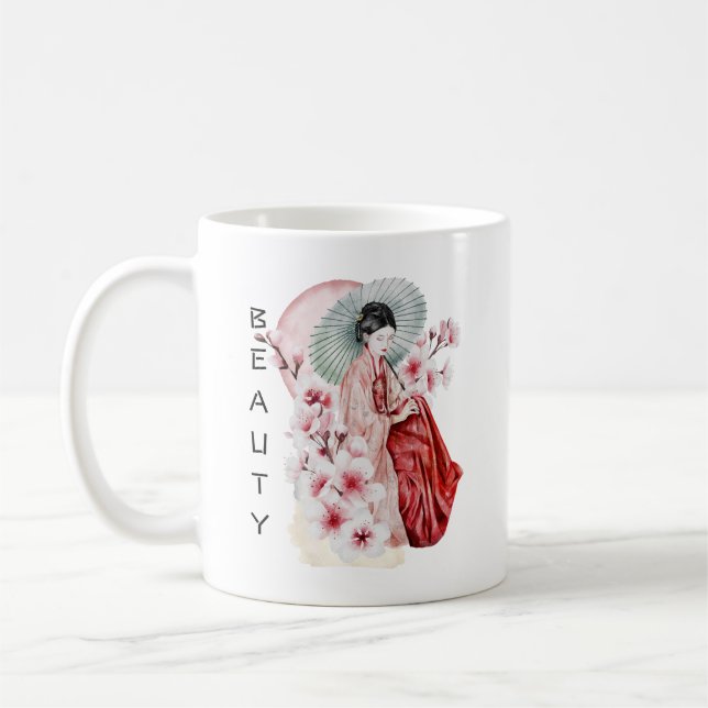 Japanische Geisha Wasserfarbe mit Kimono und Sakur Kaffeetasse (Links)