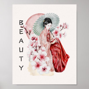 Japanische Geisha Wasserfarbe mit Kimono und Sakur Poster