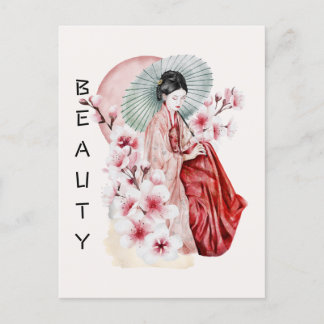 Japanische Geisha Wasserfarbe mit Kimono und Sakur Postkarte