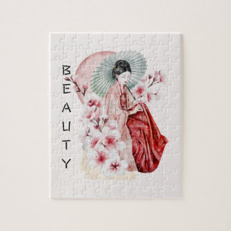 Japanische Geisha Wasserfarbe mit Kimono und Sakur Puzzle