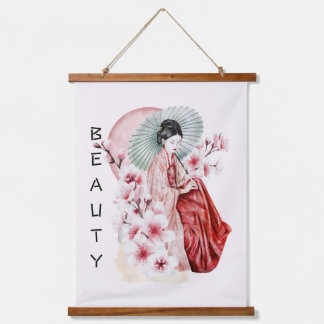 Japanische Geisha Wasserfarbe mit Kimono und Sakur Wandteppich Mit Holzrahmen
