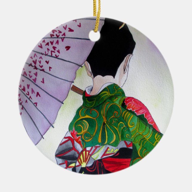 Japanische Geishakunst mit Kimono und Regenschirm Keramikornament (Vorne)