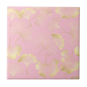 Japanische Ginkgo-Gold-Linienkunst Rosa Muster Fliese
