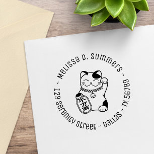Japanische Glückskatze, Maneki Neko Runde Adresse Gummistempel