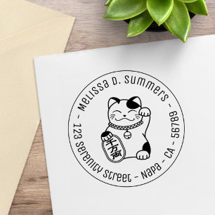 Japanische Glückskatze, Maneki Neko Runde Adresse Gummistempel