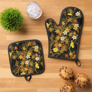 Japanische Herbstblätter Antique Botanical Ofenhandschuh & Topflappen-Set
