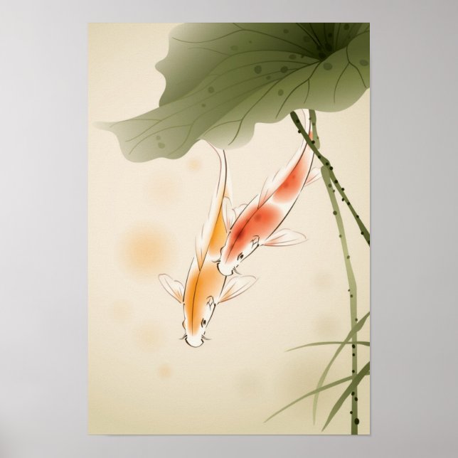 Japanische Karpfenfische schwimmen im Lotusteich Poster (Vorne)