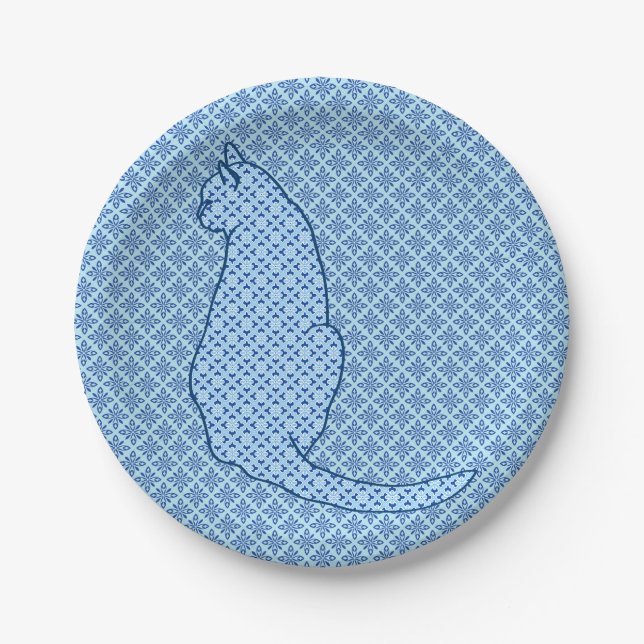 Japanische Katze - Blue Kimono Print Pappteller (Vorderseite)