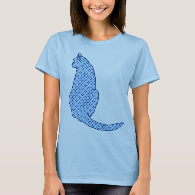 Japanische Katze - Blue Kimono Print T-Shirt (Vorderseite)