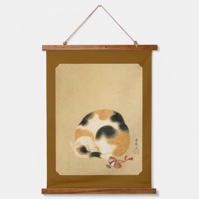 Japanische Katze Calico, Hanabusa Itchō Wandteppich Mit Holzrahmen (Vorderseite)