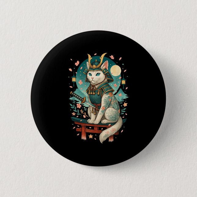 Japanische Katze Cherry Blossom Samurai Moonlight Button (Vorderseite)