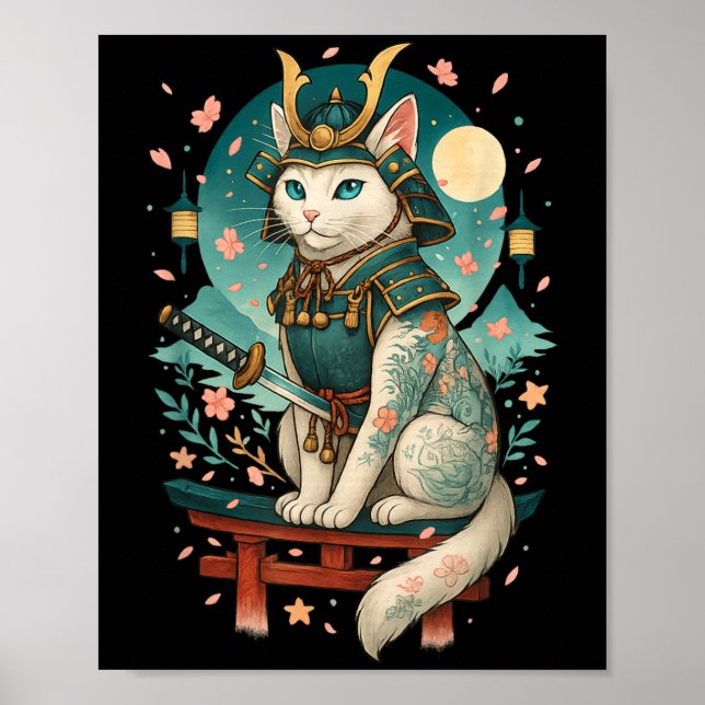 Japanische Katze Cherry Blossom Samurai Moonlight Poster (Vorne)