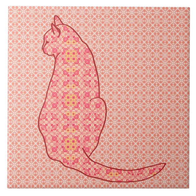 Japanische Katze - Coral Orange Batik Fliese (Vorderseite)