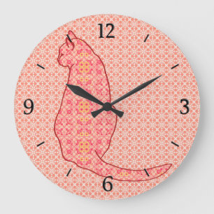 Japanische Katze - Coral Orange Batik Große Wanduhr