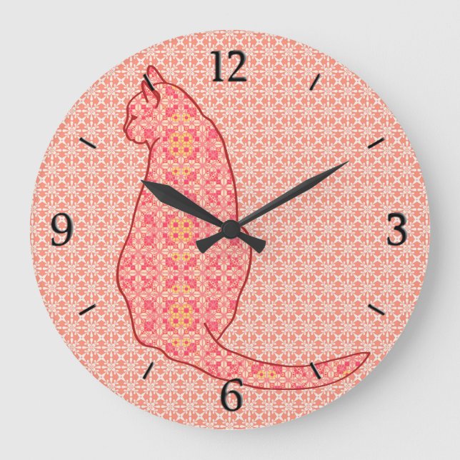 Japanische Katze - Coral Orange Batik Große Wanduhr (Vorderseite)