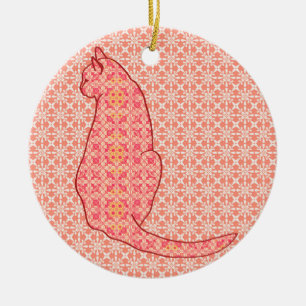 Japanische Katze - Coral Orange Batik Keramikornament