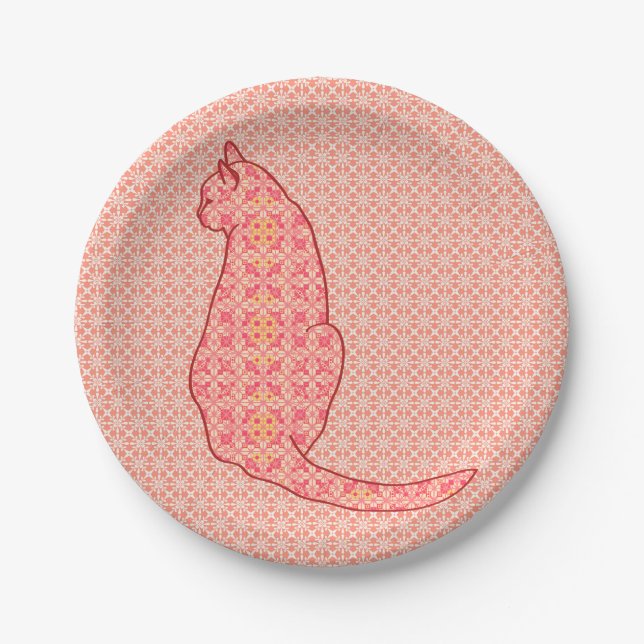Japanische Katze - Coral Orange Batik Pappteller (Vorderseite)