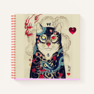 JAPANISCHE KATZE IN SCHLANGENTATTOO ,Rotes Herz Notizbuch