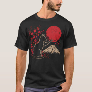 Japanische Katze Kirschblüten Berg Sonne Kunst T-Shirt