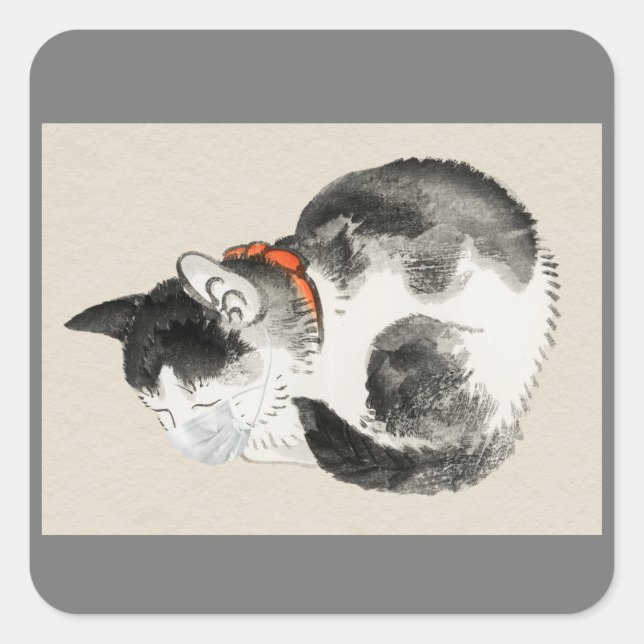 JAPANISCHE KATZE MIT MASK-STICKERS-ETIKETTEN QUADRATISCHER AUFKLEBER (Vorderseite)