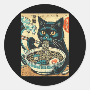 Japanische Katze Ramen Great Wave Vintag Art Food  Runder Aufkleber