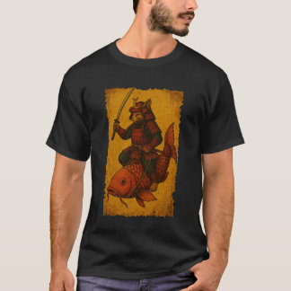 Japanische Katze Reitet Koi Fisch Ukiyo-e Samurai T-Shirt