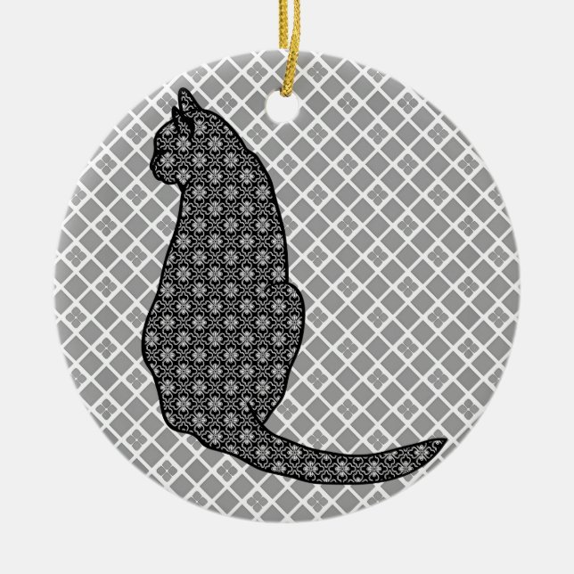 Japanische Katze - Schwarz-Weiß-Kimono-Druck Keramik Ornament (Vorne)
