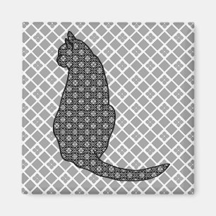 Japanische Katze - Schwarz-Weiß-Kimono-Druck Magnet