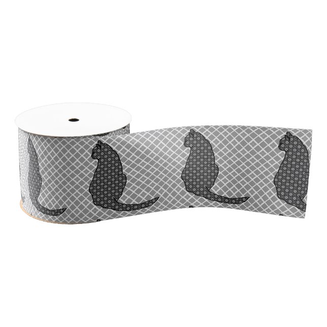 Japanische Katze - Schwarz-Weiß-Kimono-Druck Ripsband (Spule)