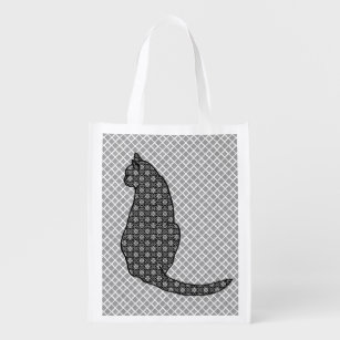 Japanische Katze - Schwarz-Weiß-Kimono-Druck Wiederverwendbare Einkaufstasche