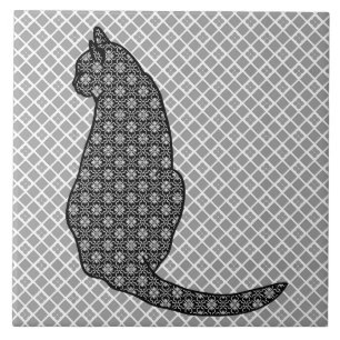 Japanische Katze - Schwarzweiss-Kimono-Druck Fliese