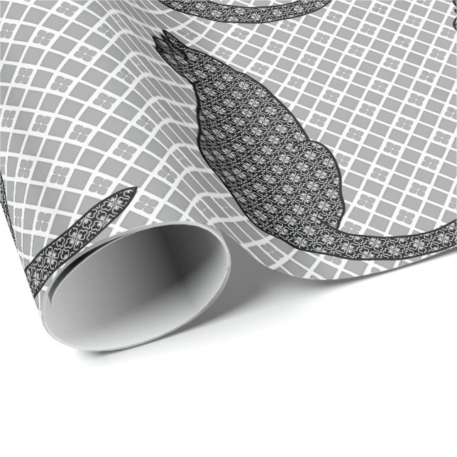 Japanische Katze - Schwarzweiss-Kimono-Druck Geschenkpapier (Rolleneckpunkt)